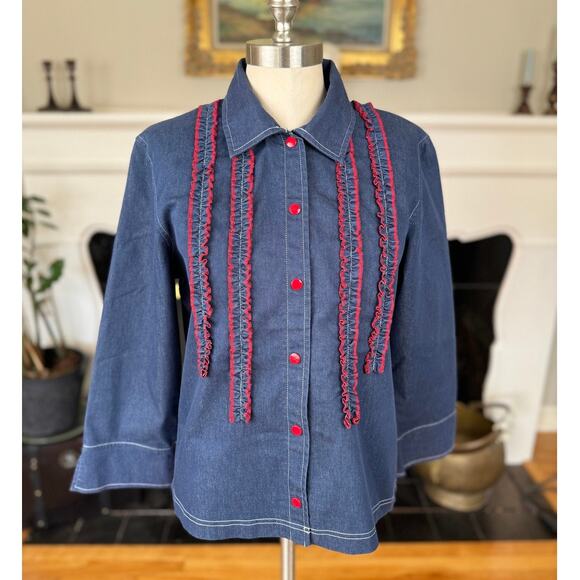 Onque Casuals Tops - 90s Vintage Denim Shirt, Onque, Red Ruffles Snaps, Women's Western Top, Size S